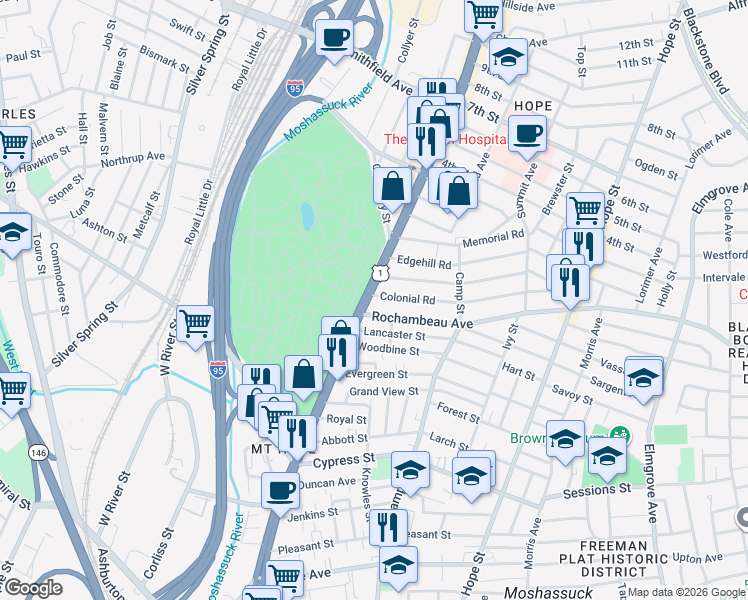 map of restaurants, bars, coffee shops, grocery stores, and more near 959 North Main Street in Providence