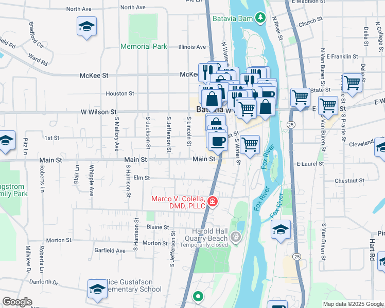 map of restaurants, bars, coffee shops, grocery stores, and more near 359 Main Street in Batavia