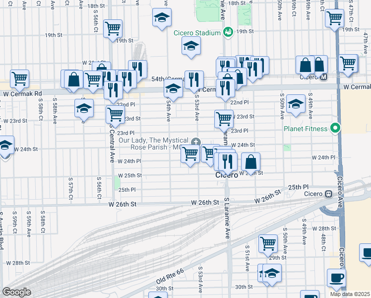 map of restaurants, bars, coffee shops, grocery stores, and more near 5321 West 24th Street in Cicero