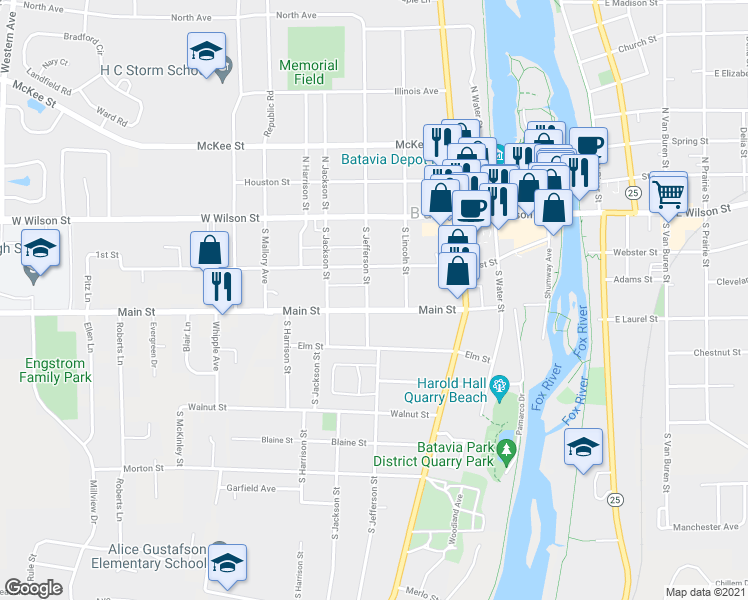 map of restaurants, bars, coffee shops, grocery stores, and more near 433 Main Street in Batavia