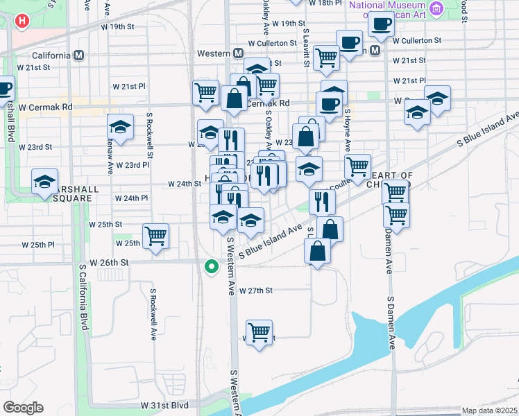 map of restaurants, bars, coffee shops, grocery stores, and more near 2324 West 25th Street in Chicago
