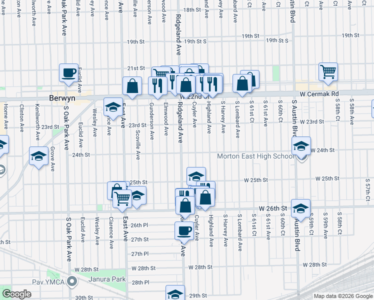 map of restaurants, bars, coffee shops, grocery stores, and more near 2343 Ridgeland Avenue in Berwyn