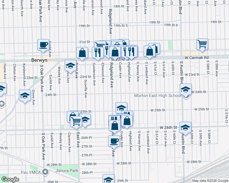 map of restaurants, bars, coffee shops, grocery stores, and more near 2401 Ridgeland Avenue in Berwyn