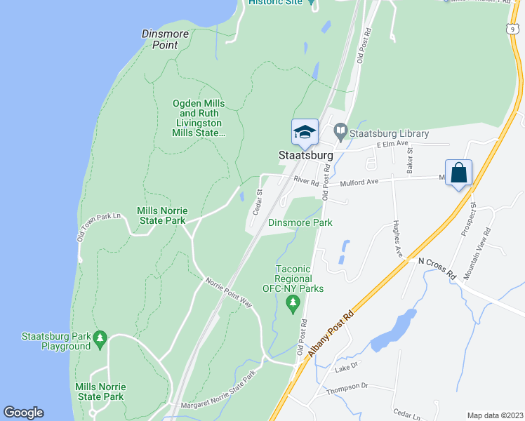 map of restaurants, bars, coffee shops, grocery stores, and more near 9 Cedar Street in Staatsburg