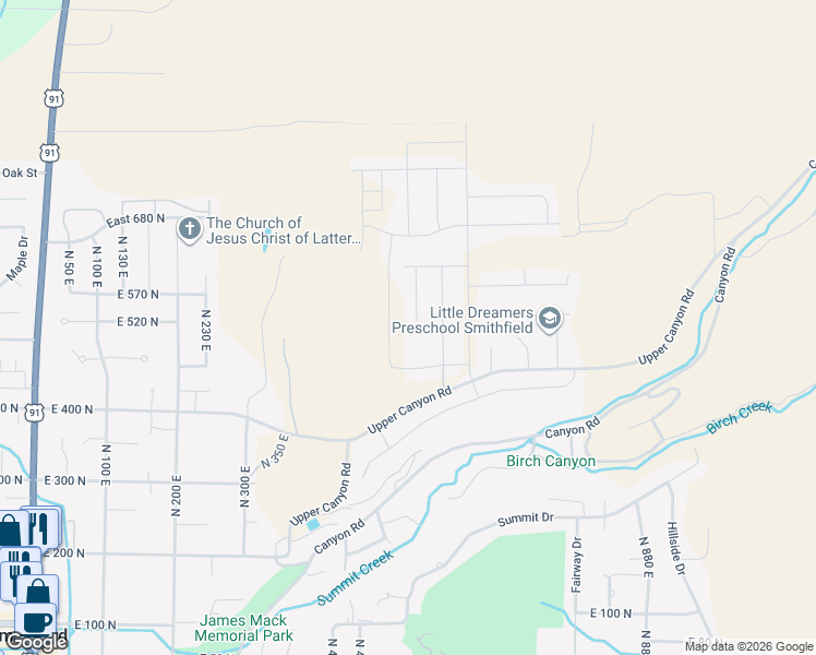 map of restaurants, bars, coffee shops, grocery stores, and more near 541 North 540 East in Smithfield