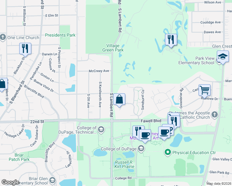 map of restaurants, bars, coffee shops, grocery stores, and more near 325 South Lambert Road in Glen Ellyn