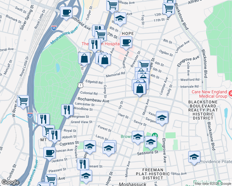 map of restaurants, bars, coffee shops, grocery stores, and more near 58 Colonial Road in Providence