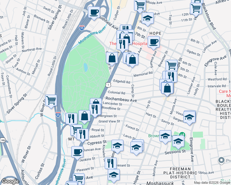 map of restaurants, bars, coffee shops, grocery stores, and more near 132 Colonial Road in Providence
