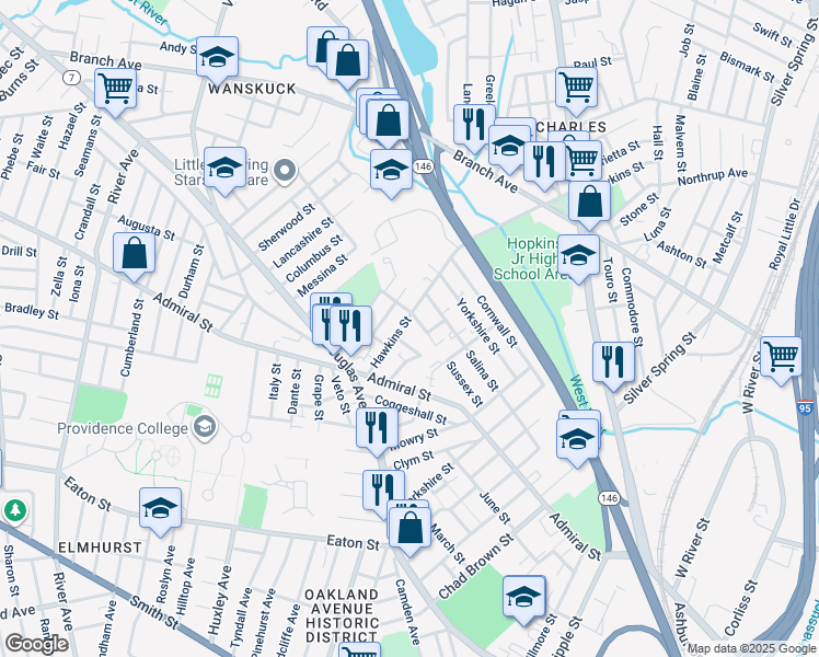 map of restaurants, bars, coffee shops, grocery stores, and more near 61 Tappan Street in Providence
