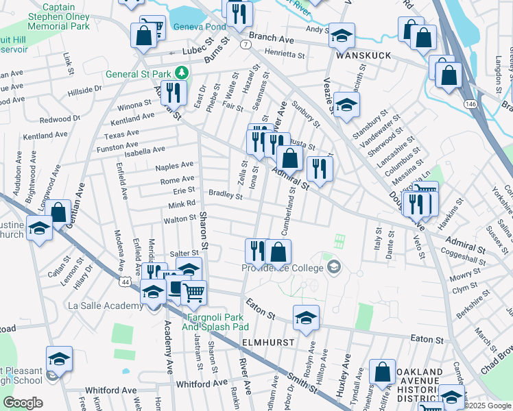 map of restaurants, bars, coffee shops, grocery stores, and more near 701 River Avenue in Providence