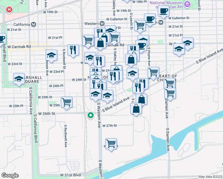 map of restaurants, bars, coffee shops, grocery stores, and more near 2324 West 25th Street in Chicago