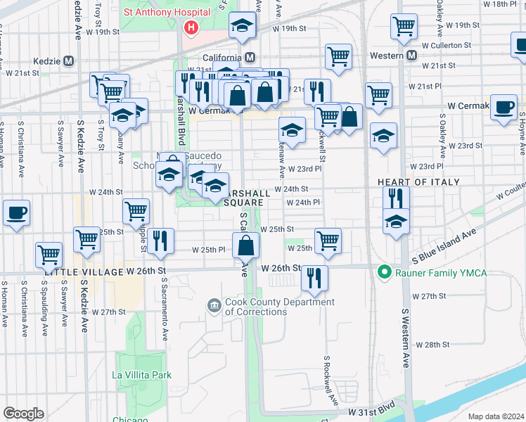 map of restaurants, bars, coffee shops, grocery stores, and more near 2445 South California Avenue in Chicago