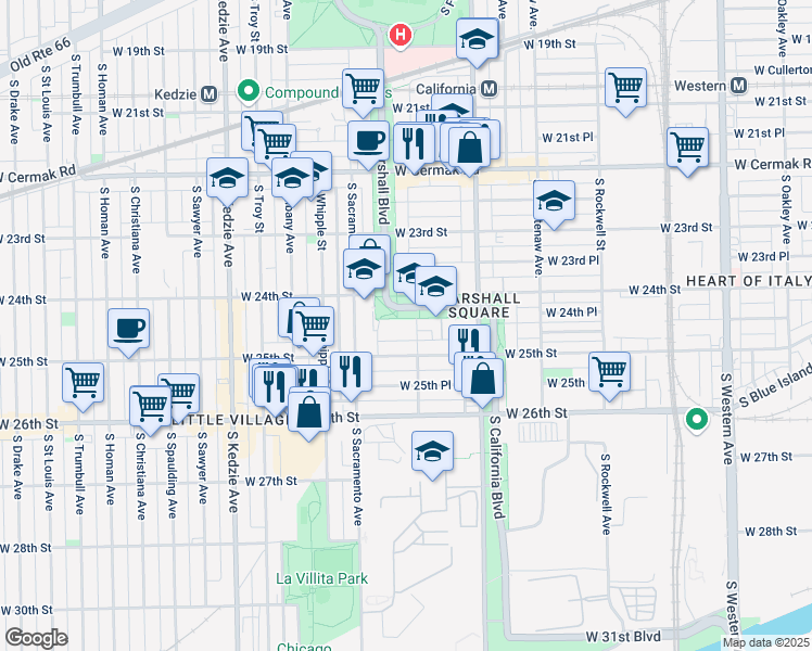 map of restaurants, bars, coffee shops, grocery stores, and more near 2443 South Francisco Avenue in Chicago