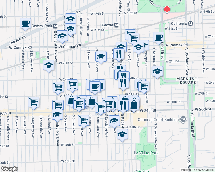 map of restaurants, bars, coffee shops, grocery stores, and more near 2434 South Spaulding Avenue in Chicago
