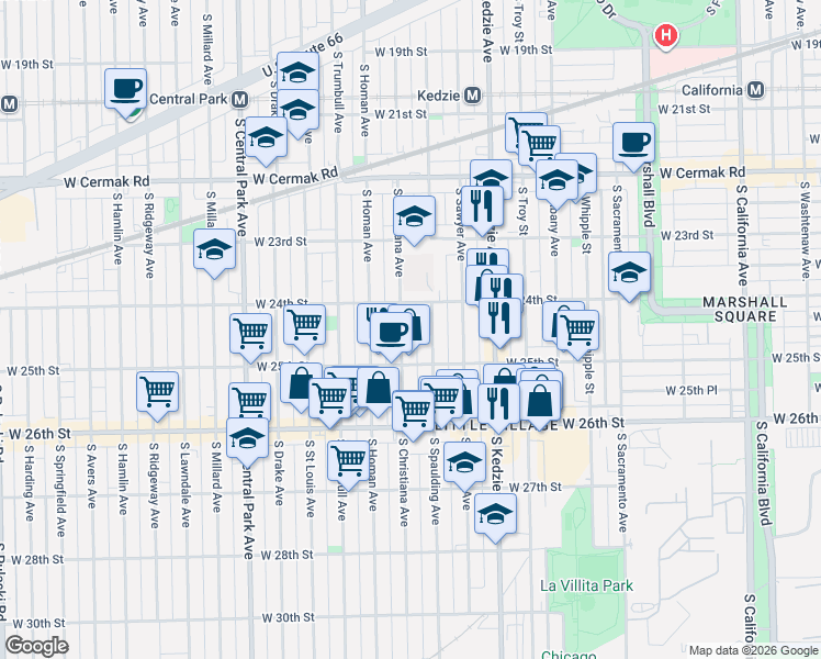 map of restaurants, bars, coffee shops, grocery stores, and more near 2438 South Spaulding Avenue in Chicago