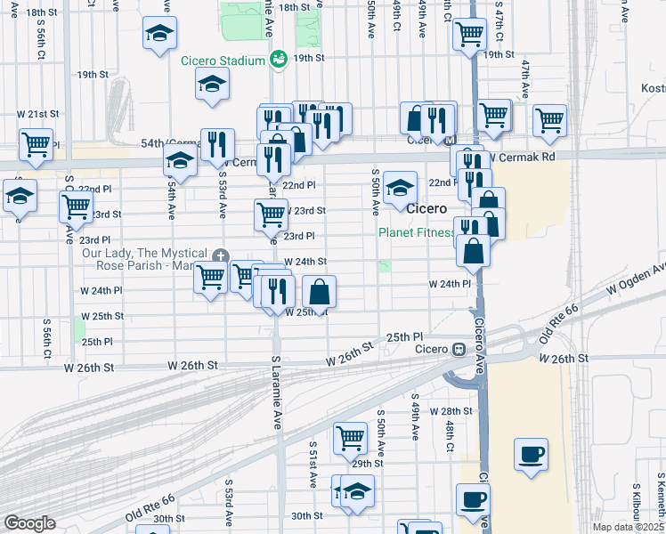map of restaurants, bars, coffee shops, grocery stores, and more near 5046 South 51st Avenue in Cicero