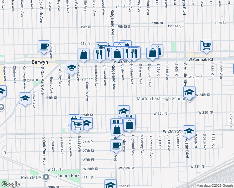 map of restaurants, bars, coffee shops, grocery stores, and more near 2401 Ridgeland Avenue in Berwyn