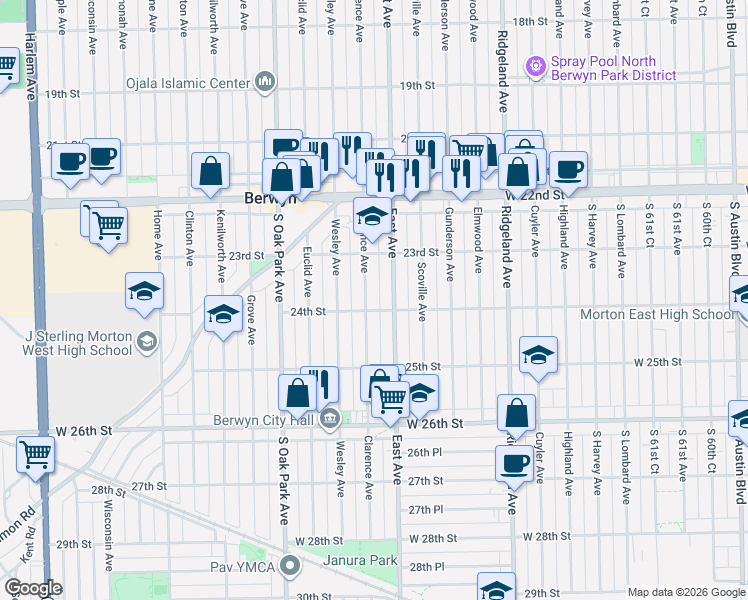 map of restaurants, bars, coffee shops, grocery stores, and more near 2341 24th Street in Berwyn