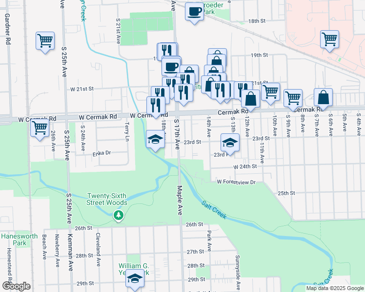 map of restaurants, bars, coffee shops, grocery stores, and more near 2317 South 17th Avenue in North Riverside