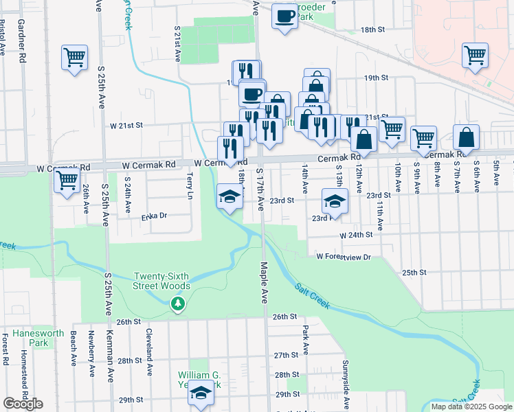 map of restaurants, bars, coffee shops, grocery stores, and more near 2317 South 17th Avenue in North Riverside