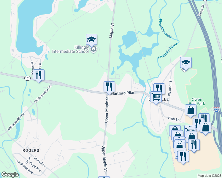 map of restaurants, bars, coffee shops, grocery stores, and more near 310 Hartford Pike in Killingly