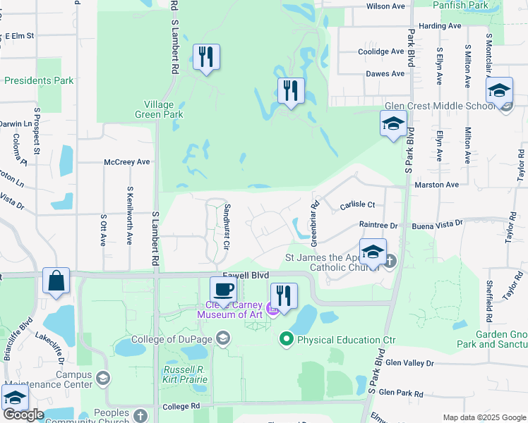 map of restaurants, bars, coffee shops, grocery stores, and more near 461 Raintree Court in Glen Ellyn