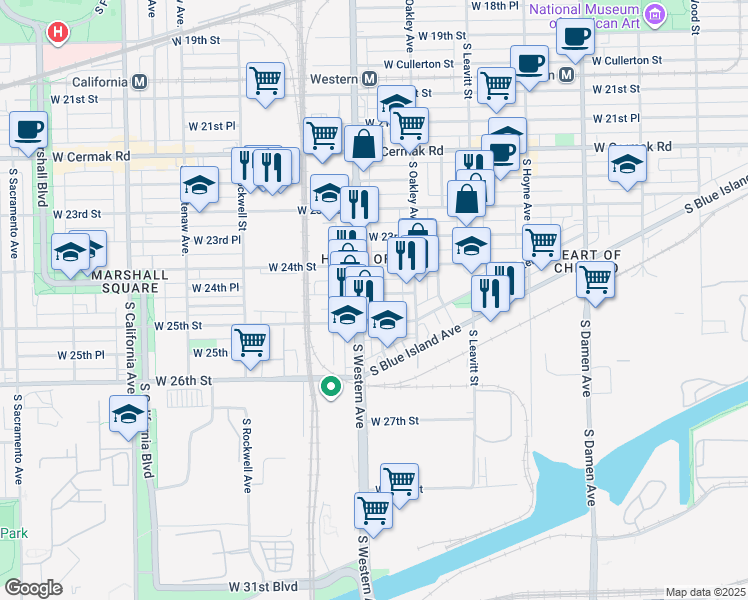 map of restaurants, bars, coffee shops, grocery stores, and more near 2453 South Western Avenue in Chicago