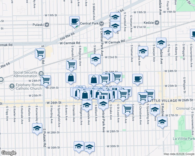 map of restaurants, bars, coffee shops, grocery stores, and more near 2437 South Millard Avenue in Chicago