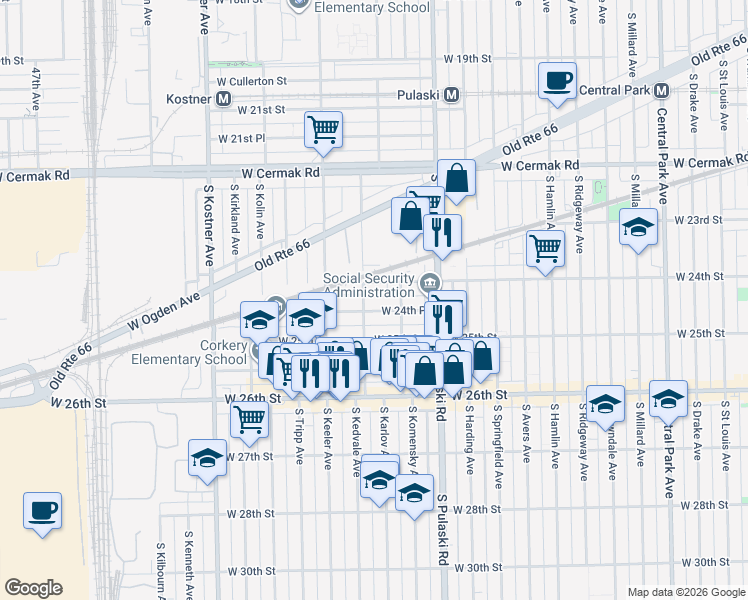 map of restaurants, bars, coffee shops, grocery stores, and more near 4126 West 24th Place in Chicago