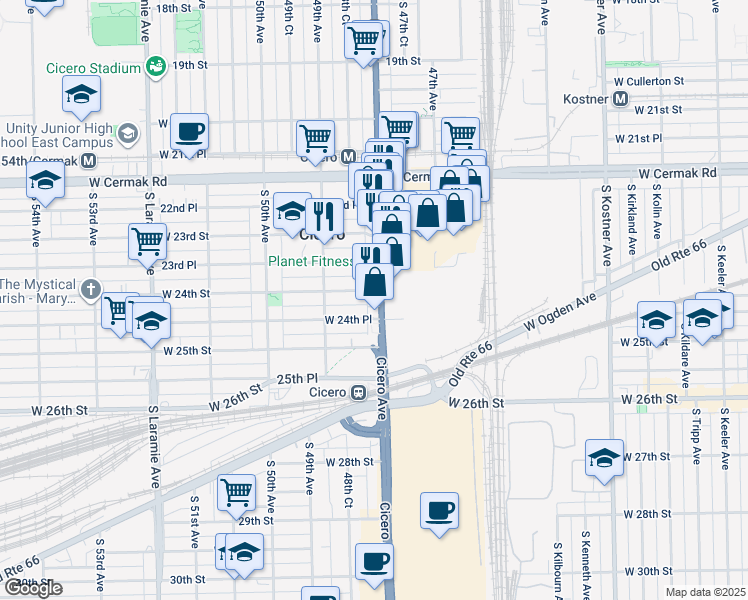 map of restaurants, bars, coffee shops, grocery stores, and more near 2411-2421 South Cicero Avenue in Cicero