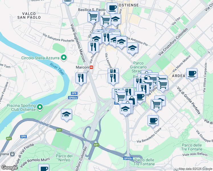 map of restaurants, bars, coffee shops, grocery stores, and more near 33-43 Via Gibilmanna in Rome
