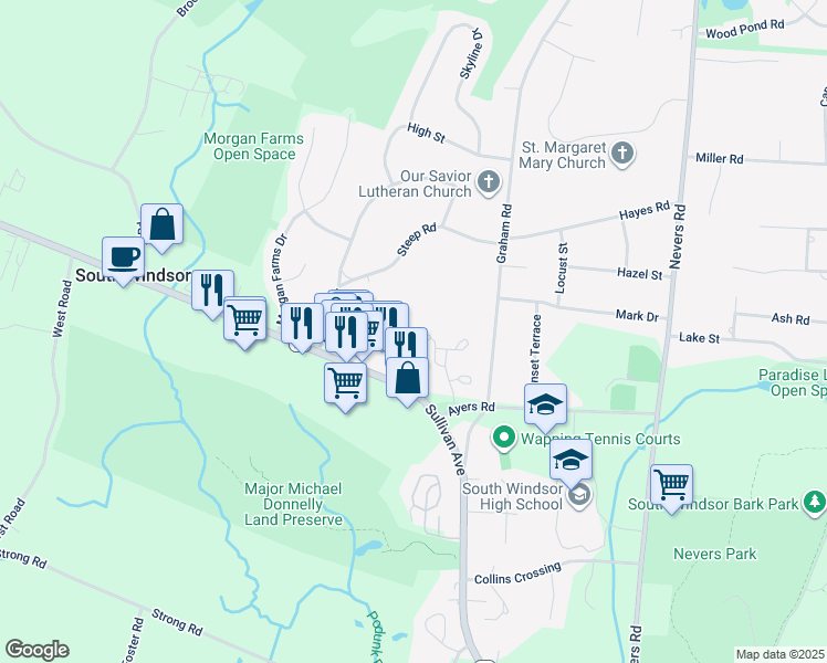 map of restaurants, bars, coffee shops, grocery stores, and more near 20 Chapin Street in South Windsor