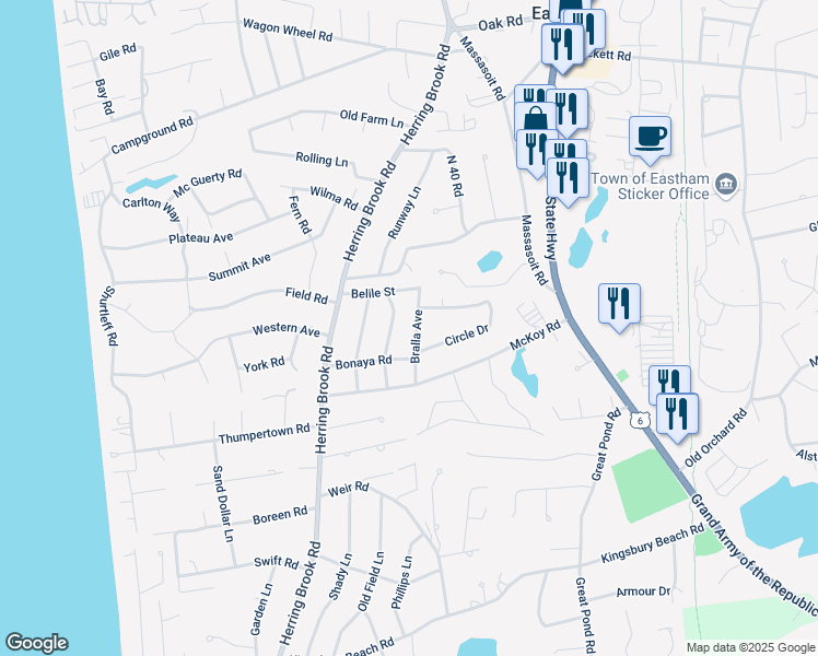 map of restaurants, bars, coffee shops, grocery stores, and more near 55 Bralla Avenue in Eastham