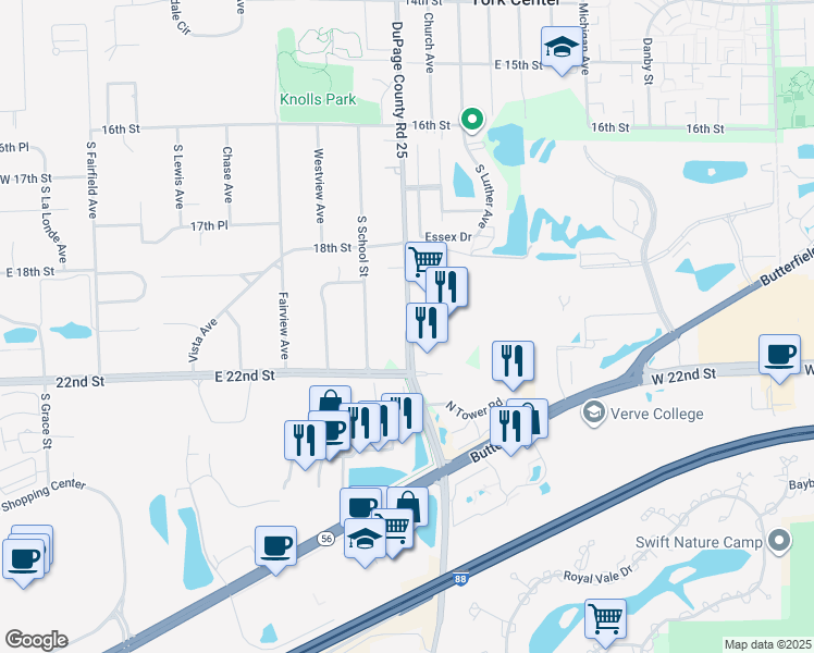 map of restaurants, bars, coffee shops, grocery stores, and more near 1815 Meyers Road in Oakbrook Terrace
