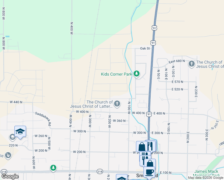 map of restaurants, bars, coffee shops, grocery stores, and more near 189 West 510 North in Smithfield