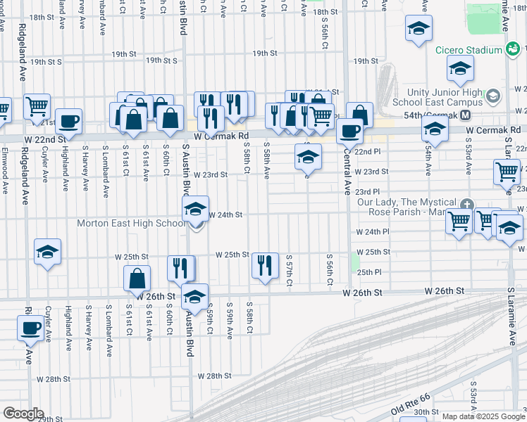 map of restaurants, bars, coffee shops, grocery stores, and more near 2403 South 58th Court in Cicero