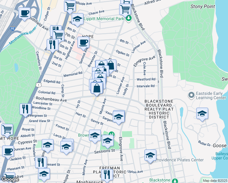 map of restaurants, bars, coffee shops, grocery stores, and more near 292 Rochambeau Avenue in Providence