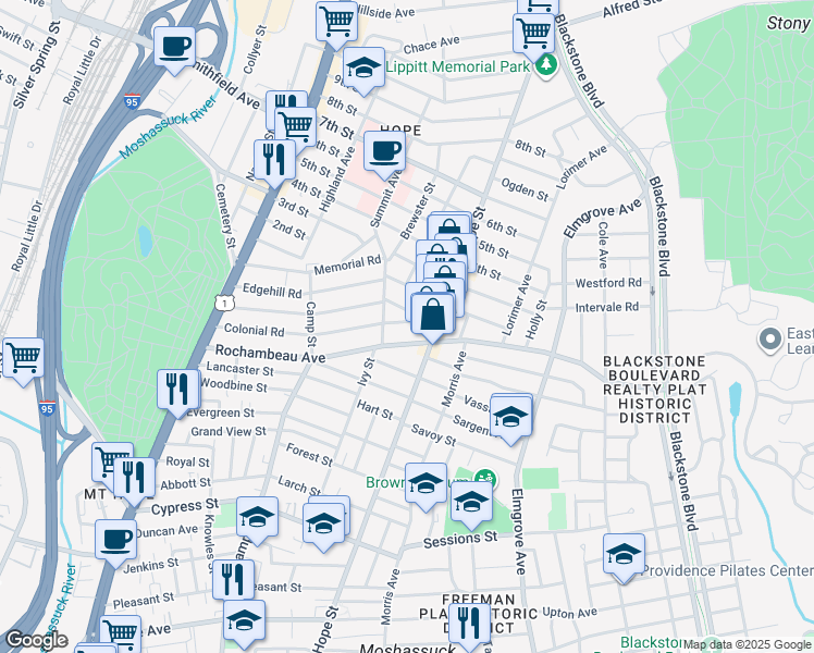 map of restaurants, bars, coffee shops, grocery stores, and more near 216 Rochambeau Avenue in Providence