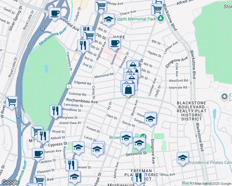 map of restaurants, bars, coffee shops, grocery stores, and more near 216 Rochambeau Avenue in Providence