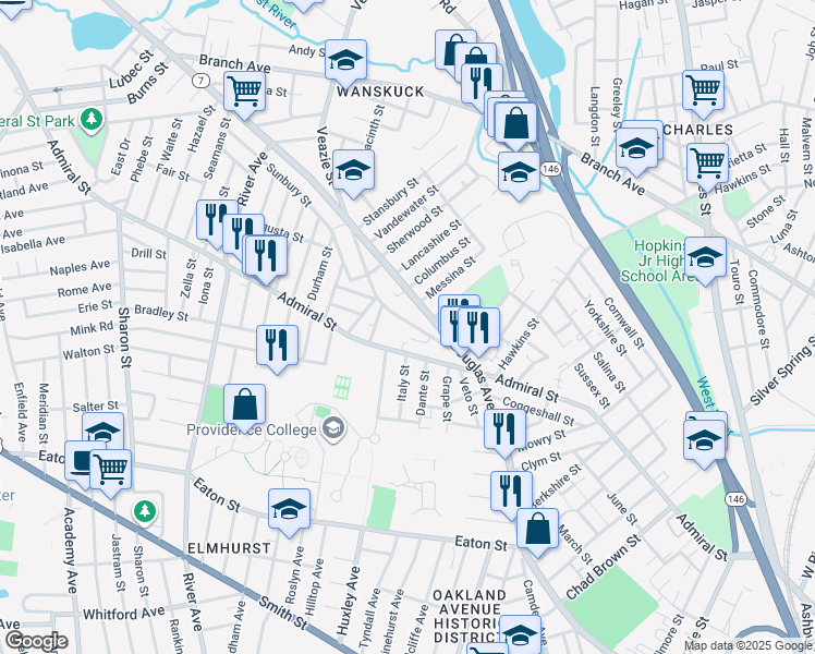 map of restaurants, bars, coffee shops, grocery stores, and more near 22 Addeo Street in Providence