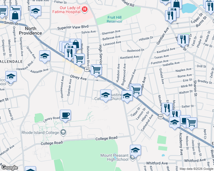 map of restaurants, bars, coffee shops, grocery stores, and more near 15 Homefield Avenue in Providence