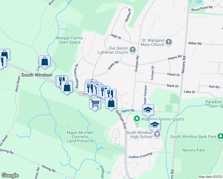 map of restaurants, bars, coffee shops, grocery stores, and more near 20 Chapin Street in South Windsor