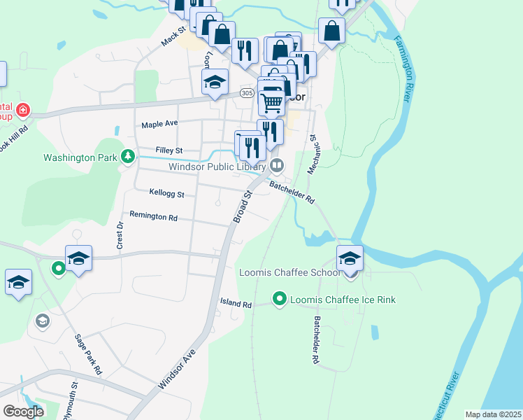 map of restaurants, bars, coffee shops, grocery stores, and more near 28 Stinson Place in Windsor