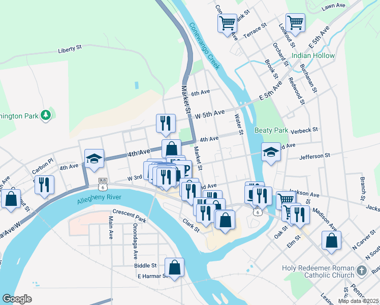 map of restaurants, bars, coffee shops, grocery stores, and more near 301 Market Street in Warren