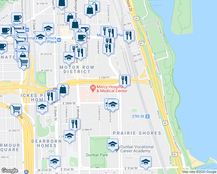 map of restaurants, bars, coffee shops, grocery stores, and more near 2518 South Calumet Avenue in Chicago