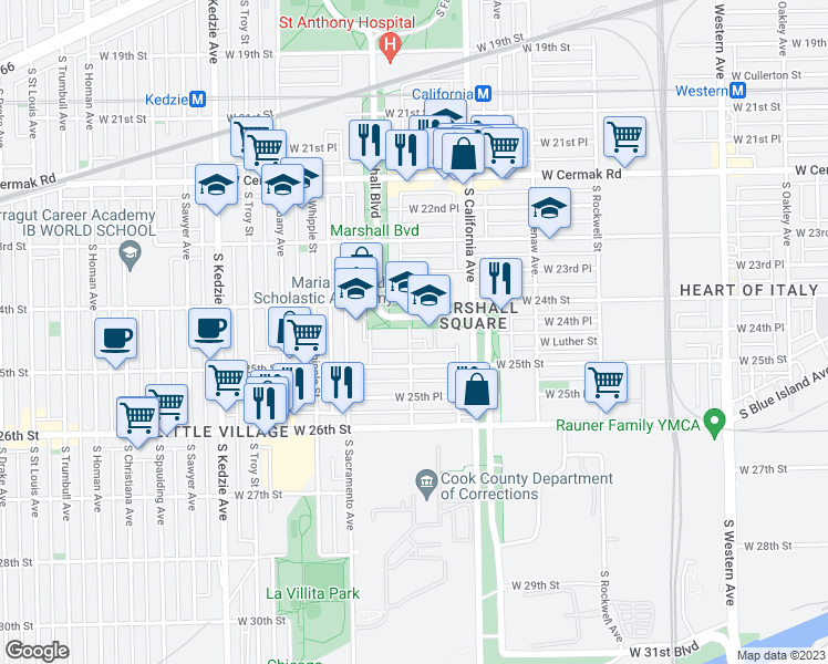 map of restaurants, bars, coffee shops, grocery stores, and more near 2443 South Francisco Avenue in Chicago