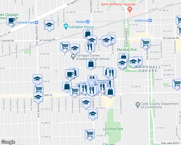 map of restaurants, bars, coffee shops, grocery stores, and more near 2439 South Kedzie Avenue in Chicago