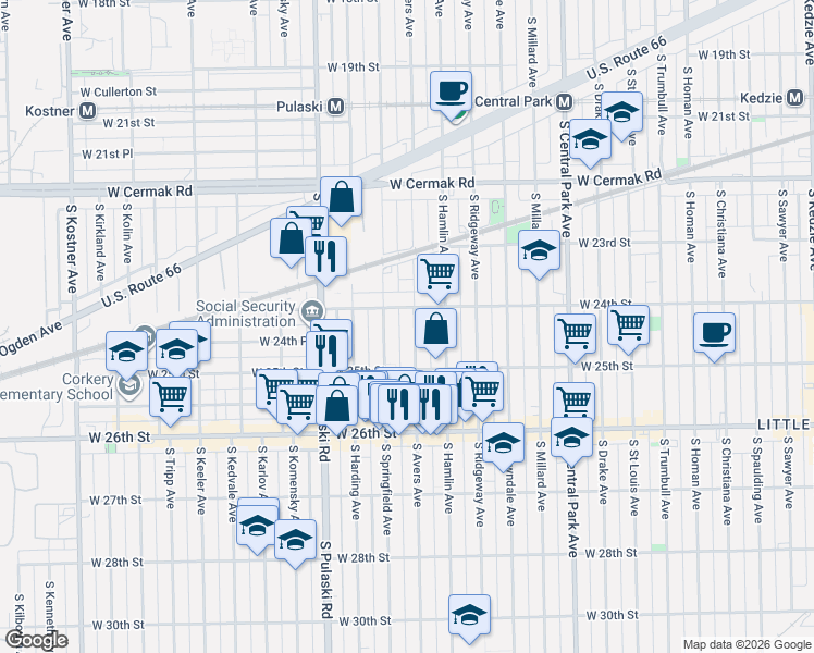 map of restaurants, bars, coffee shops, grocery stores, and more near 2428 South Avers Avenue in Chicago