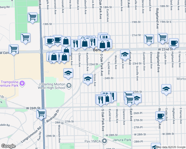 map of restaurants, bars, coffee shops, grocery stores, and more near 2352 Grove Avenue in Berwyn