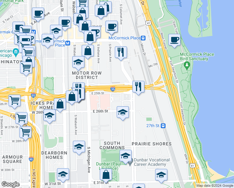 map of restaurants, bars, coffee shops, grocery stores, and more near 327 East 25th Street in Chicago